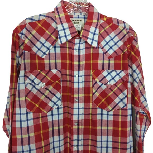 Vintage Ruddock Men's Long-Sleeve Shirt Red Plaid Western Shirt Pearl Snap sz M - Picture 4 of 16